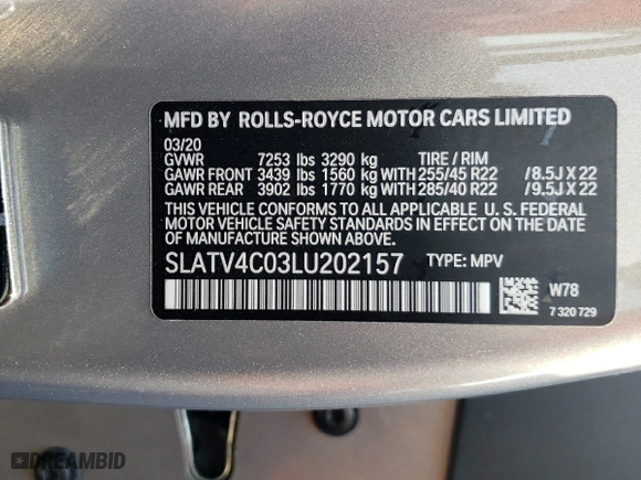 2020 Rolls-Royce Cullinan with VIN SLATV4C03LU202157, listed as a Copart auction lot 51245311 with 0 mi miles and Salvage Title. Bid and sale history available at carsss.com. Image 10.