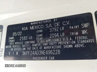 2022 Kia Forte LXS z VIN 3KPF24AD3NE496228, wystawiony jako IAAI lot #42193668 z przebiegiem 29 849 mil mil oraz . Historia ofert i sprzedaży dostępna na DreamBid. Obrazek 9.