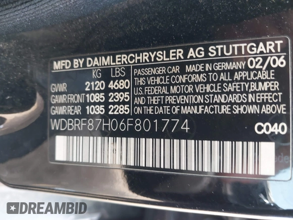2006 Mercedes-Benz C с VIN WDBRF87H06F801774, выставлен на аукционе IAAI как лот 41791614 с пробегом 249 942 миль миль и . История ставок и продаж доступна на DreamBid. Изображение 9.