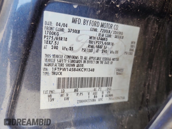 2004 Ford F-150 XLT с VIN 1FTPW14584KC91348, выставлен на аукционе Copart как лот 60210235 с пробегом 248 712 миль миль и Списание • Salvage title. История ставок и продаж доступна на DreamBid. Изображение 12.