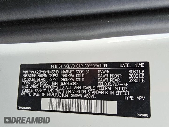 2017 Volvo XC90 R-Design with VIN YV4A22PM8H1145518, listed as a Copart auction lot 81578964 with 68,534 mi miles and Clean Title. Bid and sale history available at carsss.com. Image 14.