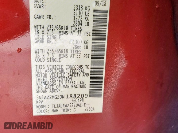 2018 Nissan Murano SV z VIN 5N1AZ2MG2JN188209, wystawiony jako Copart lot #51116065 z przebiegiem 104 015 mil mil oraz Szkoda całkowita • Salvage title. Historia ofert i sprzedaży dostępna na DreamBid. Obrazek 14.