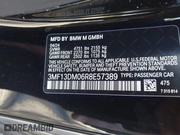 2024 BMW M2 z VIN 3MF13DM06R8E57389, wystawiony jako IAAI lot #41494927 z przebiegiem 6 690 mil mil oraz . Historia ofert i sprzedaży dostępna na DreamBid. Obrazek 9.