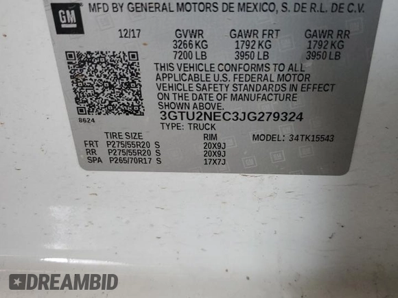 2018 GMC Sierra 1500 SLT z VIN 3GTU2NEC3JG279324, wystawiony jako Copart lot #52692245 z przebiegiem 112 974 mil mil oraz Szkoda całkowita • Salvage title. Historia ofert i sprzedaży dostępna na DreamBid. Obrazek 12.