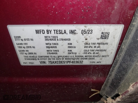 2023 Tesla Model X with VIN 7SAXCDE51PF403632, listed as a IAAI auction lot 41328722 with Not Provided miles and . Bid and sale history available at DreamBid. Image 9.