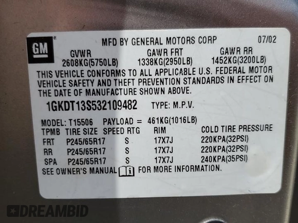 2003 GMC Envoy SLT with VIN 1GKDT13S532109482, listed as a Copart auction lot 74133054 with 0 mi miles and Non Repairable. Bid and sale history available at carsss.com. Image 14.