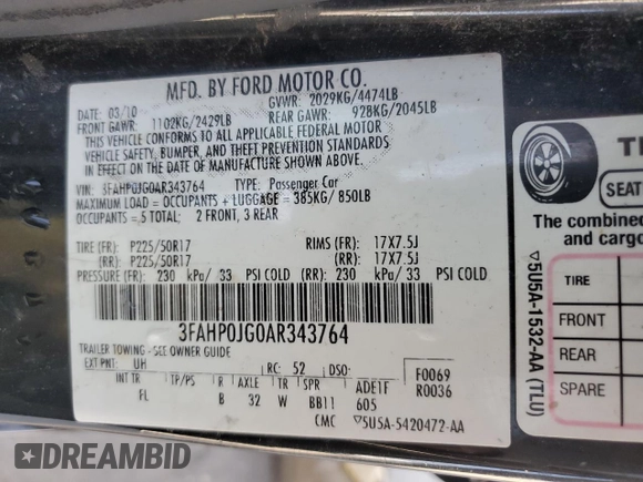 2010 Ford Fusion SEL with VIN 3FAHP0JG0AR343764, listed as a Copart auction lot 74720774 with 164,598 mi miles and Salvage Title. Bid and sale history available at carsss.com. Image 13.