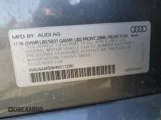 2017 Audi A8 with VIN WAU44AFD9HN011290, listed as a Copart auction lot 45594565 with 59,720 mi miles and Salvage Title. Bid and sale history available at DreamBid. Image 12.