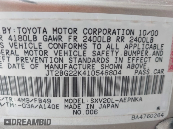2001 Toyota Camry CE with VIN JT2BG22K410548804, listed as a IAAI auction lot 41820737 with 271,855 mi miles and . Bid and sale history available at DreamBid. Image 9.