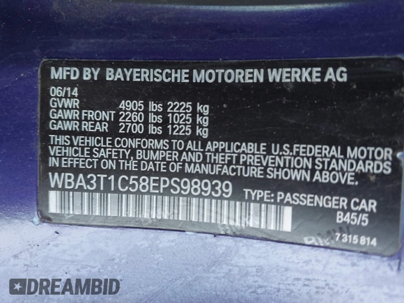 2014 BMW 4 Series 428i xDrive with VIN WBA3T1C58EPS98939, listed as a IAAI auction lot 41649313 with 35,994 mi miles and . Bid and sale history available at carsss.com. Image 9.