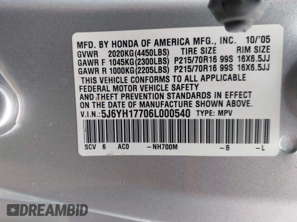 2006 Honda Element with VIN 5J6YH17706L000540, listed as a IAAI auction lot 42172233 with 185,796 mi miles and . Bid and sale history available at DreamBid. Image 9.