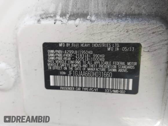 2013 Subaru Impreza z VIN JF1GJAA66DH031660, wystawiony jako IAAI lot #41581126 z przebiegiem 158 287 mil mil oraz . Historia ofert i sprzedaży dostępna na DreamBid. Obrazek 9.