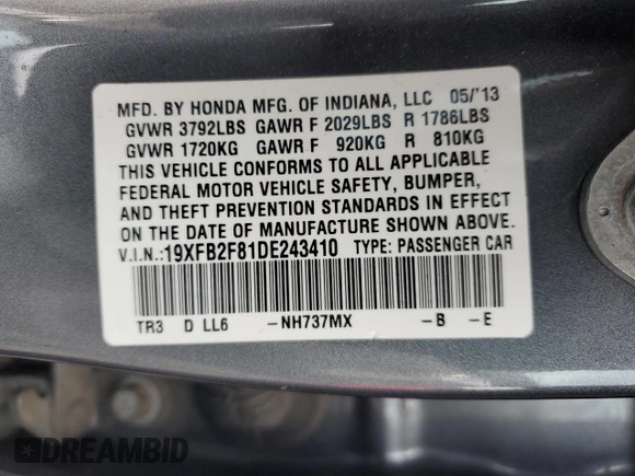 2013 Honda Civic EX with VIN 19XFB2F81DE243410, listed as a Copart auction lot 47586305 with 103,639 mi miles and Salvage Title. Bid and sale history available at DreamBid. Image 14.