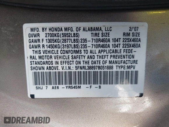 2007 Honda Odyssey Touring z VIN 5FNRL38897B051888, wystawiony jako IAAI lot #42297964 z przebiegiem Nie podano mil oraz . Historia ofert i sprzedaży dostępna na DreamBid. Obrazek 9.