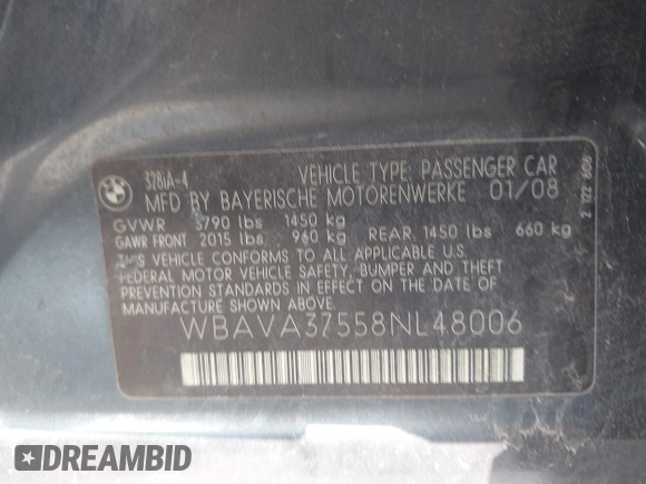 2008 BMW 3 Series 328i with VIN WBAVA37558NL48006, listed as a IAAI auction lot 41255475 with 95,038 mi miles. Bid and sale history available at carsss.com. Image 9.