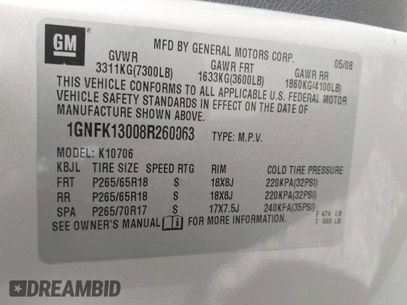 2008 Chevrolet Tahoe 3LT z VIN 1GNFK13008R260063, wystawiony jako IAAI lot #41865118 z przebiegiem 218 009 mil mil oraz . Historia ofert i sprzedaży dostępna na DreamBid. Obrazek 9.
