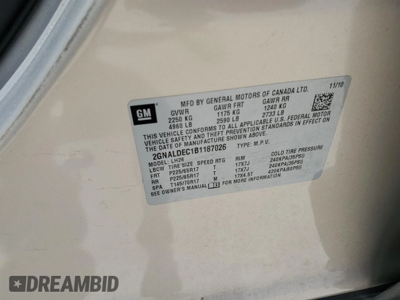 2011 Chevrolet Equinox 1LT with VIN 2GNALDEC1B1187026, listed as a Copart auction lot 54476545 with 150,890 mi miles and Salvage Title. Bid and sale history available at DreamBid. Image 14.