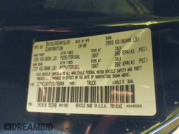 2001 Dodge 1500 z VIN 1B7HC16Y71S176840, wystawiony jako IAAI lot #41825038 z przebiegiem 136 410 mil mil oraz . Historia ofert i sprzedaży dostępna na DreamBid. Obrazek 9.