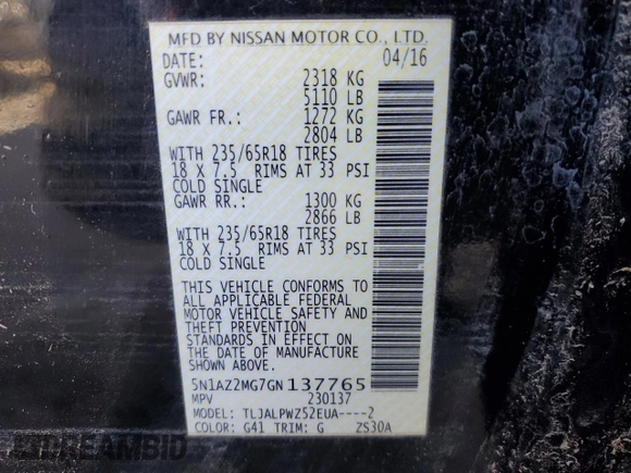 2016 Nissan Murano SL z VIN 5N1AZ2MG7GN137765, wystawiony jako Copart lot #56409725 z przebiegiem 157 462 mil mil oraz Szkoda całkowita • Salvage title. Historia ofert i sprzedaży dostępna na DreamBid. Obrazek 13.