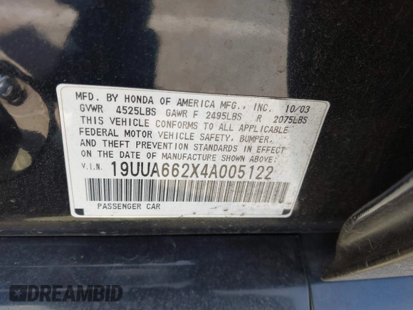 2004 Acura TL with VIN 19UUA662X4A005122, listed as a IAAI auction lot 42100078 with 174,742 mi miles. Bid and sale history available at carsss.com. Image 9.