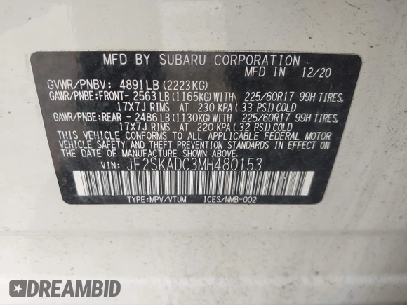 2021 Subaru Forester with VIN JF2SKADC3MH480153, listed as a IAAI auction lot 42258056 with 49,231 mi miles and . Bid and sale history available at DreamBid. Image 9.