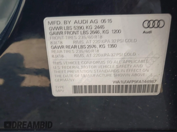 2015 Audi Q5 Premium Plus with VIN WA1LFAFP9FA144987, listed as a IAAI auction lot 42717013 with 105,809 mi miles and . Bid and sale history available at DreamBid. Image 9.