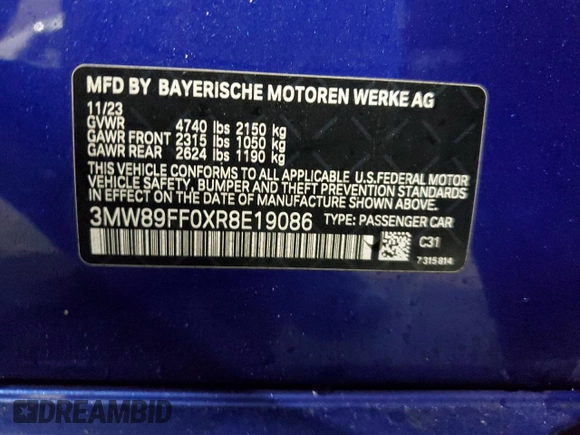 2024 BMW 3 Series 330i xDrive with VIN 3MW89FF0XR8E19086, listed as a Copart auction lot 45810865 with 12,339 mi miles and Salvage Title. Bid and sale history available at carsss.com. Image 12.