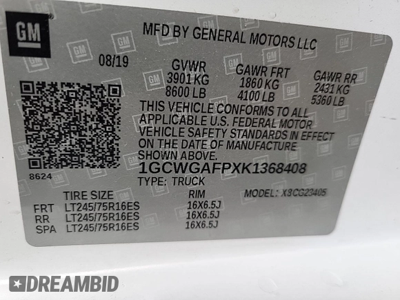 2019 Chevrolet Express Cargo with VIN 1GCWGAFPXK1368408, listed as a IAAI auction lot 42682889 with 154,668 mi miles and . Bid and sale history available at DreamBid. Image 7.