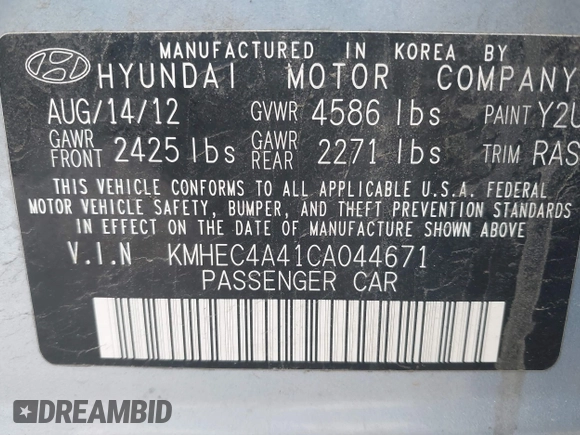 2012 Hyundai Sonata Hybrid z VIN KMHEC4A41CA044671, wystawiony jako IAAI lot #42254039 z przebiegiem 152 769 mil mil oraz . Historia ofert i sprzedaży dostępna na DreamBid. Obrazek 9.