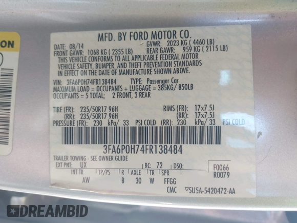 2015 Ford Fusion SE with VIN 3FA6P0H74FR138484, listed as a IAAI auction lot 42108827 with 134,622 mi miles and . Bid and sale history available at DreamBid. Image 9.