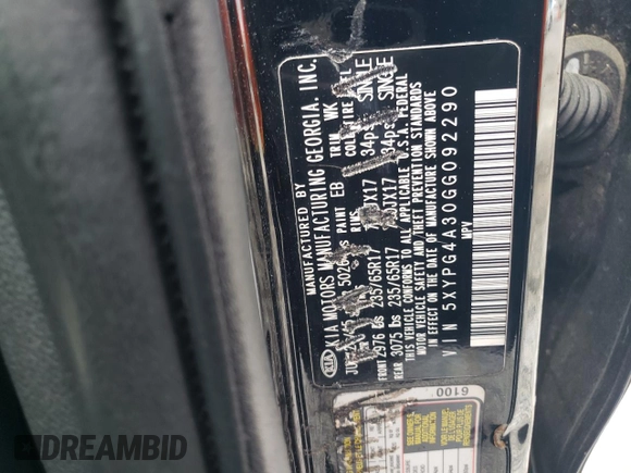 2016 Kia Sorento LX with VIN 5XYPG4A30GG092290, listed as a Copart auction lot 50033365 with 190,485 mi miles and Salvage Title. Bid and sale history available at carsss.com. Image 14.