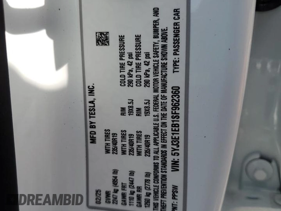 2025 Tesla Model 3 Long Range z VIN 5YJ3E1EB1SF962360, wystawiony jako Copart lot #54586115 z przebiegiem 391 mil mil oraz Szkoda całkowita • Salvage title. Historia ofert i sprzedaży dostępna na DreamBid. Obrazek 12.
