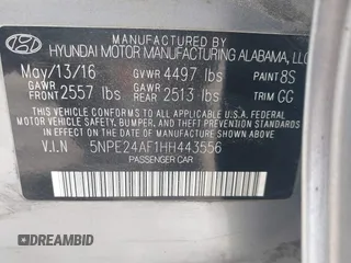 2017 Hyundai Sonata 2.4L with VIN 5NPE24AF1HH443556, listed as a IAAI auction lot 42059889 with 179,662 mi miles and . Bid and sale history available at carsss.com. Image 9.