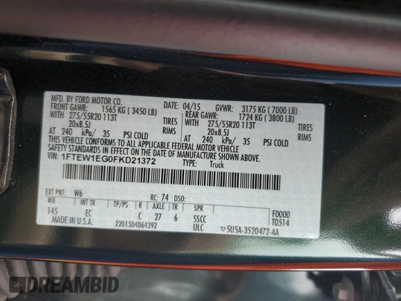 2015 Ford F-150 XLT with VIN 1FTEW1EG0FKD21372, listed as a Copart auction lot 61355525 with 172,421 mi miles and Salvage title. Bid and sale history available at DreamBid. Image 12.