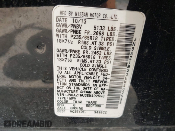 2014 Nissan Murano SV with VIN JN8AZ1MU3EW402598, listed as a IAAI auction lot 42087984 with 180,705 mi miles and . Bid and sale history available at carsss.com. Image 9.