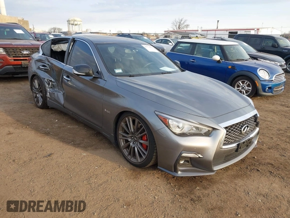 2019 Infiniti Q50 Red Sport 400 with VIN JN1FV7AP3KM760678, listed as a IAAI auction lot 41771176 with 31,562 mi miles and . Bid and sale history available at DreamBid. Image 1.