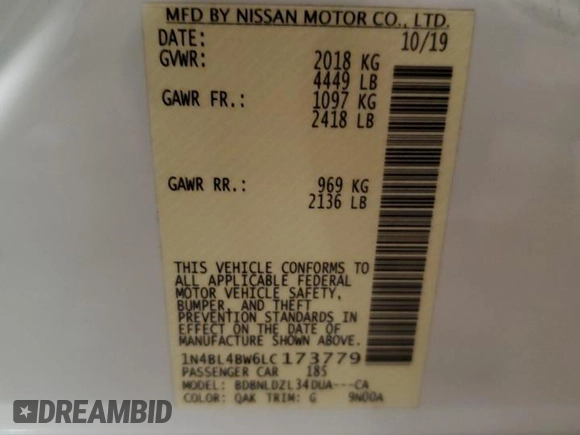 2020 Nissan Altima 2.5 S with VIN 1N4BL4BW6LC173779, listed as a Copart auction lot 85676164 with 53,928 mi miles and Salvage Title. Bid and sale history available at carsss.com. Image 12.