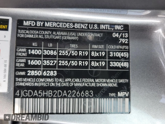 2013 Mercedes-Benz M 350 with VIN 4JGDA5HB2DA226683, listed as a Copart auction lot 61398195 with 67,753 mi miles and Salvage title. Bid and sale history available at DreamBid. Image 13.