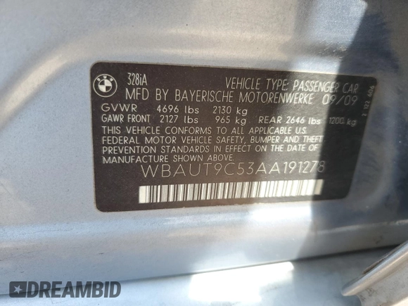 2010 BMW 3 Series 328i with VIN WBAUT9C53AA191278, listed as a Copart auction lot 68173044 with 72,864 mi miles and Salvage title. Bid and sale history available at DreamBid. Image 12.