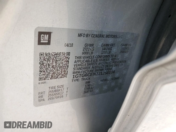 2018 GMC Canyon 4WD SLE with VIN 1GTG6CEN2J1266134, listed as a Copart auction lot 60080165 with 152,332 mi miles and Salvage title. Bid and sale history available at DreamBid. Image 12.