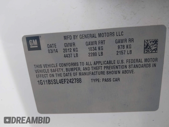 2014 Chevrolet Malibu LS with VIN 1G11B5SL4EF242788, listed as a IAAI auction lot 42117283 with 225,193 mi miles and . Bid and sale history available at DreamBid. Image 9.