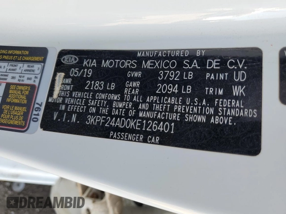 2019 Kia Forte LXS with VIN 3KPF24AD0KE126401, listed as a Copart auction lot 62087885 with 110,804 mi miles and Salvage title. Bid and sale history available at DreamBid. Image 12.