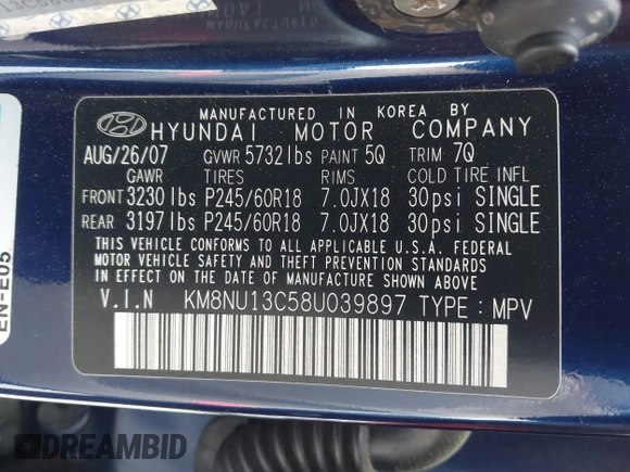 2008 Hyundai Veracruz GLS with VIN KM8NU13C58U039897, listed as a IAAI auction lot 41958899 with 146,817 mi miles and . Bid and sale history available at DreamBid. Image 9.