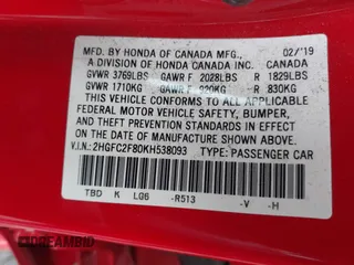 2019 Honda Civic Sport with VIN 2HGFC2F80KH538093, listed as a IAAI auction lot 42093863 with 63,349 mi miles and . Bid and sale history available at DreamBid. Image 9.