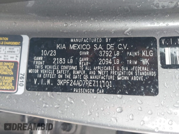 2024 Kia Forte LXS with VIN 3KPF24AD7RE711101, listed as a IAAI auction lot 41764290 with 30,395 mi miles and . Bid and sale history available at DreamBid. Image 9.