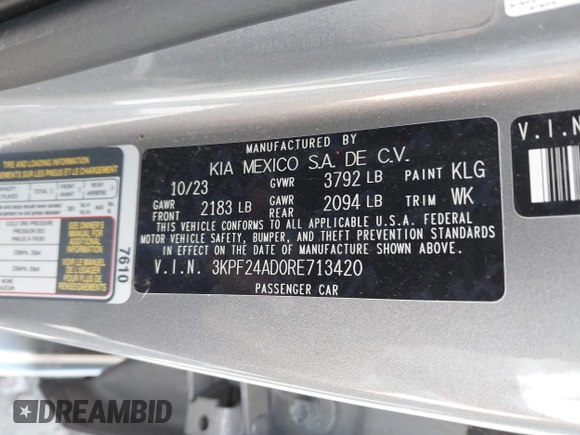 2024 Kia Forte LXS z VIN 3KPF24AD0RE713420, wystawiony jako IAAI lot #42091051 z przebiegiem 36 875 mil mil oraz . Historia ofert i sprzedaży dostępna na DreamBid. Obrazek 9.