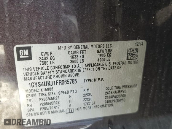 2015 Cadillac Escalade ESV Platinum z VIN 1GYS4UKJ1FR565785, wystawiony jako Copart lot #41651755 z przebiegiem 165 197 mil mil oraz Szkoda całkowita • Salvage title. Historia ofert i sprzedaży dostępna na DreamBid. Obrazek 13.