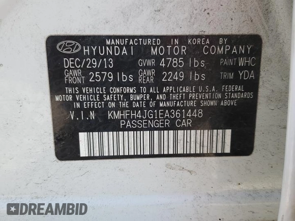 2014 Hyundai Azera Limited z VIN KMHFH4JG1EA361448, wystawiony jako Copart lot #42344065 z przebiegiem 178 452 mil mil oraz Szkoda całkowita • Salvage title. Historia ofert i sprzedaży dostępna na DreamBid. Obrazek 12.