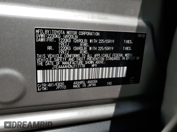 2022 Toyota Venza LE with VIN JTEAAAAH0NJ117778, listed as a Copart auction lot 70508694 with 31,492 mi miles and Salvage Title. Bid and sale history available at carsss.com. Image 14.