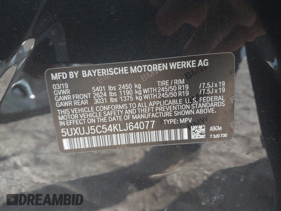 2019 BMW X4 M40i z VIN 5UXUJ5C54KLJ64077, wystawiony jako IAAI lot #41012233 z przebiegiem 40 737 mil mil oraz . Historia ofert i sprzedaży dostępna na DreamBid. Obrazek 9.